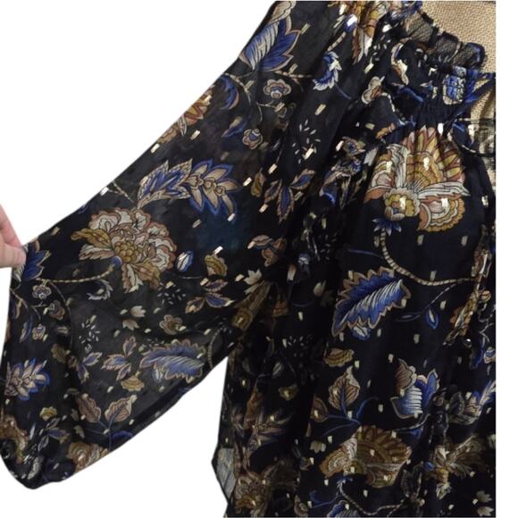 Tamara H. BLUE AND GOLD Floral Print Sheer sleeve Peasant‎ Blouse Plus Size 3X - Picture 6 of 10